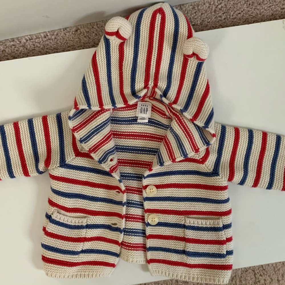 Baby Gap knitted red cream blue cardigan sz 0-3 months